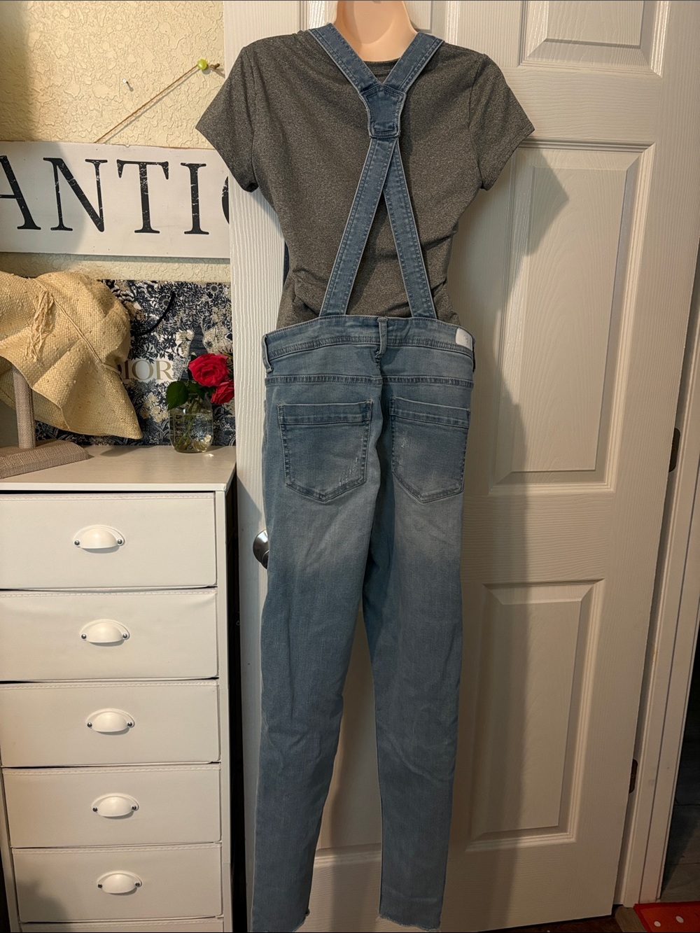 Distressed Denim Button-Front Overalls - Picture 3 of 7